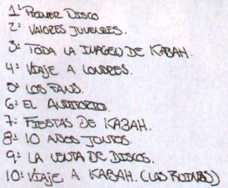 1. Primer Disco 2. Valores Juveniles 3. Toda la imagen de Kabah 4. Viaje a lLondres 5. Los fans 6. El Auditorio 7. Fiestas de Kabah 8. 10 aos juntos 9. La venta de discos 10. Viaje a Kabah (las ruinas)