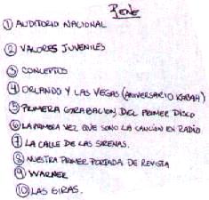 1. Auditorio Nacional 2. Valores Juveniles 3. Conceptos 4. Orlando y Las Vegas (Aniversario Kabah) 5. Primera grabacin del primer disco 6. La primera vez que sono la cancin en radio 7. La calle de las sirenas 8. Nuestra primer portada de revista 9. Warner 10. Las giras