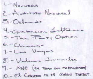 1. Noruega 2. Auditorio Nacional 3. Orlando 4. Grabacin del 1er disco 5. The Party Option 6. Chicago 7. Las Vegas 8. Valores Juveniles 9. XNE (en todas modalidades) 10. El concierto en el Colegio Tarbut